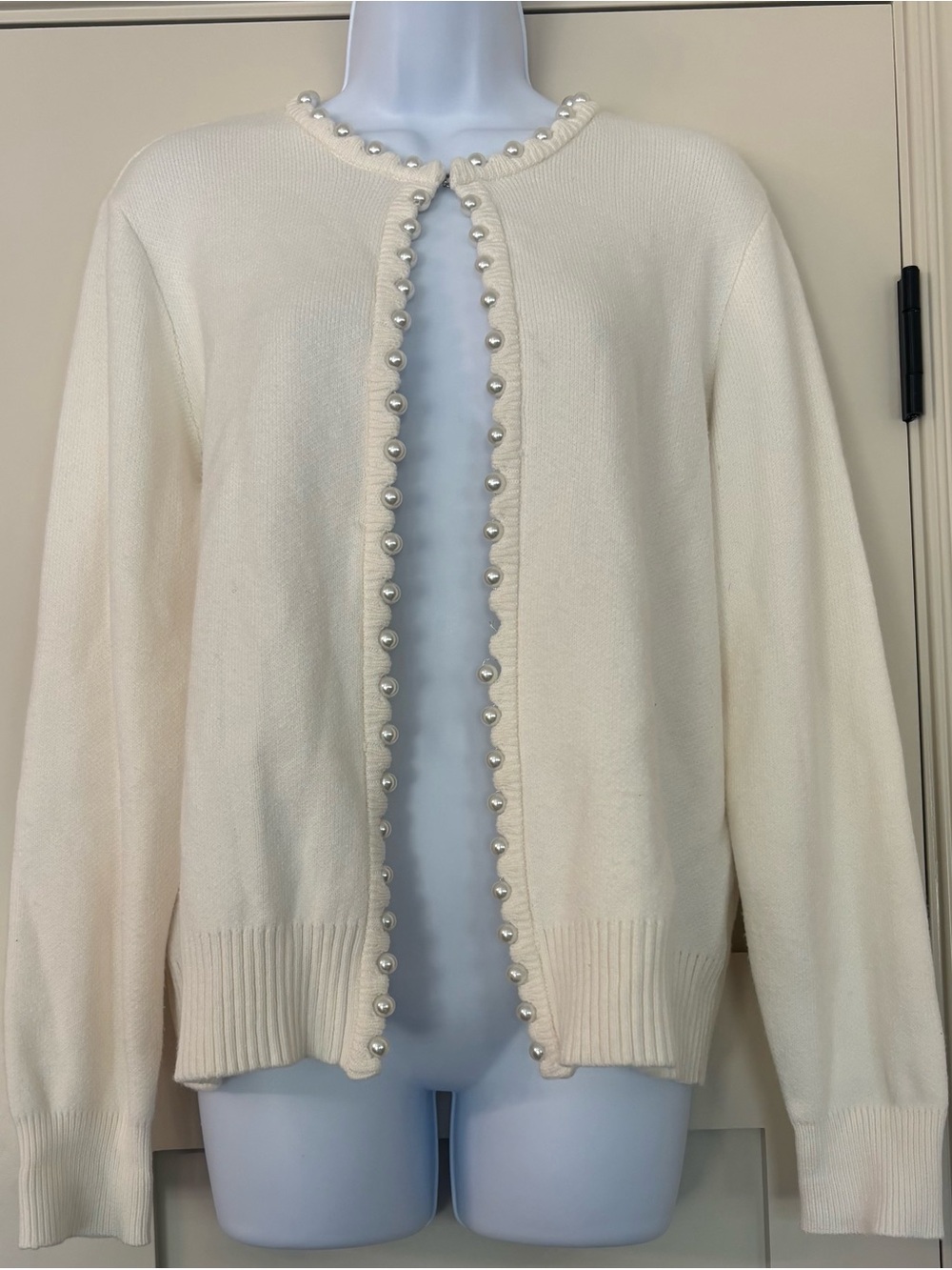 Boston Proper Pearl-Trim Cream Crewneck Cardigan Knit Coquette Sweater Sz M